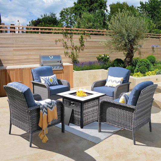 Vcatnet 5 Pieces Outdoor Patio Furniture All-weather Wicker Conversation Set with Fire Pit Table for Garden,Poolside,Denim blue