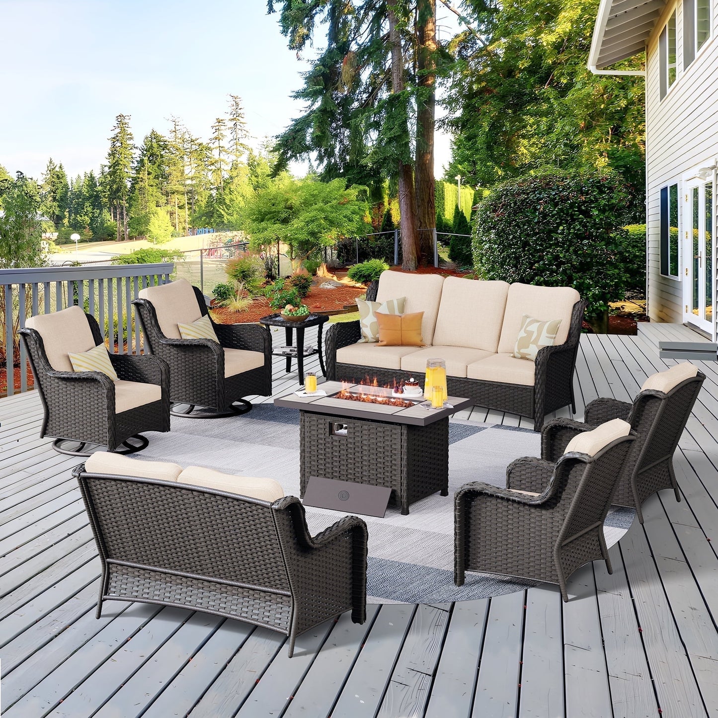 Vcatnet 8 Pieces Outdoor Patio Furniture Sectional Sofa All-weather Conversation Set with Swivel Rocking Chairs and Fire Pit Table for Garden,Poolside,Beige
