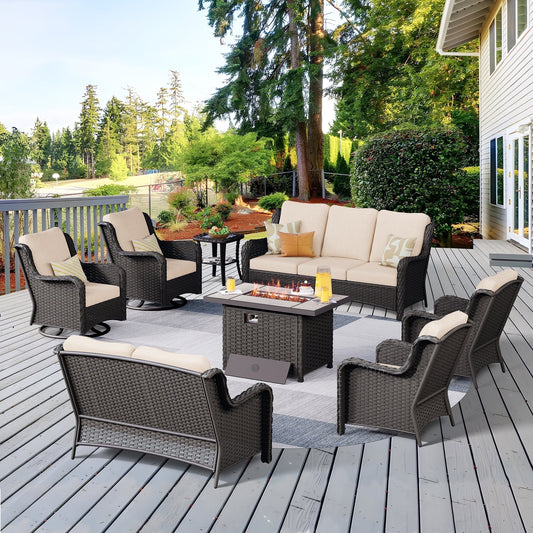 Vcatnet 8 Pieces Outdoor Patio Furniture Sectional Sofa All-weather Conversation Set with Swivel Rocking Chairs and Fire Pit Table for Garden,Poolside,Beige