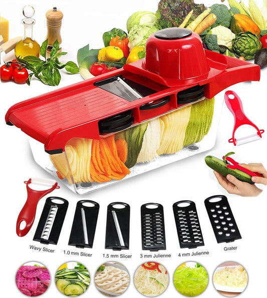 Vegetable Slicer Cutter Mandoline Grater Chopper Slicer, 5 Interchangeable Blades Food Storage Container with Peeler for Potato Tomato Onion Cheese Cucumber