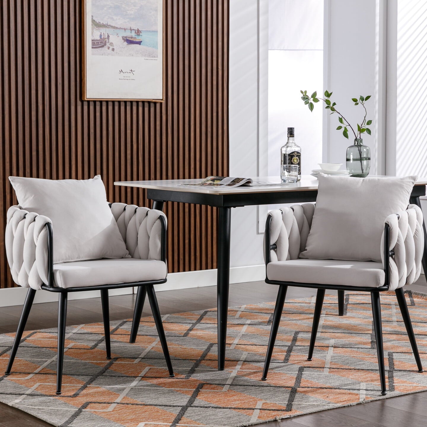 Velvet Dining Chairs Set of 2, Modern Hand Weaving Dining Room Kitchen Chair with Armrest and Back, Upholstered Comfy Living Room Accent Side Chairs for Bedroom, Vanity, Small Space, Ivory