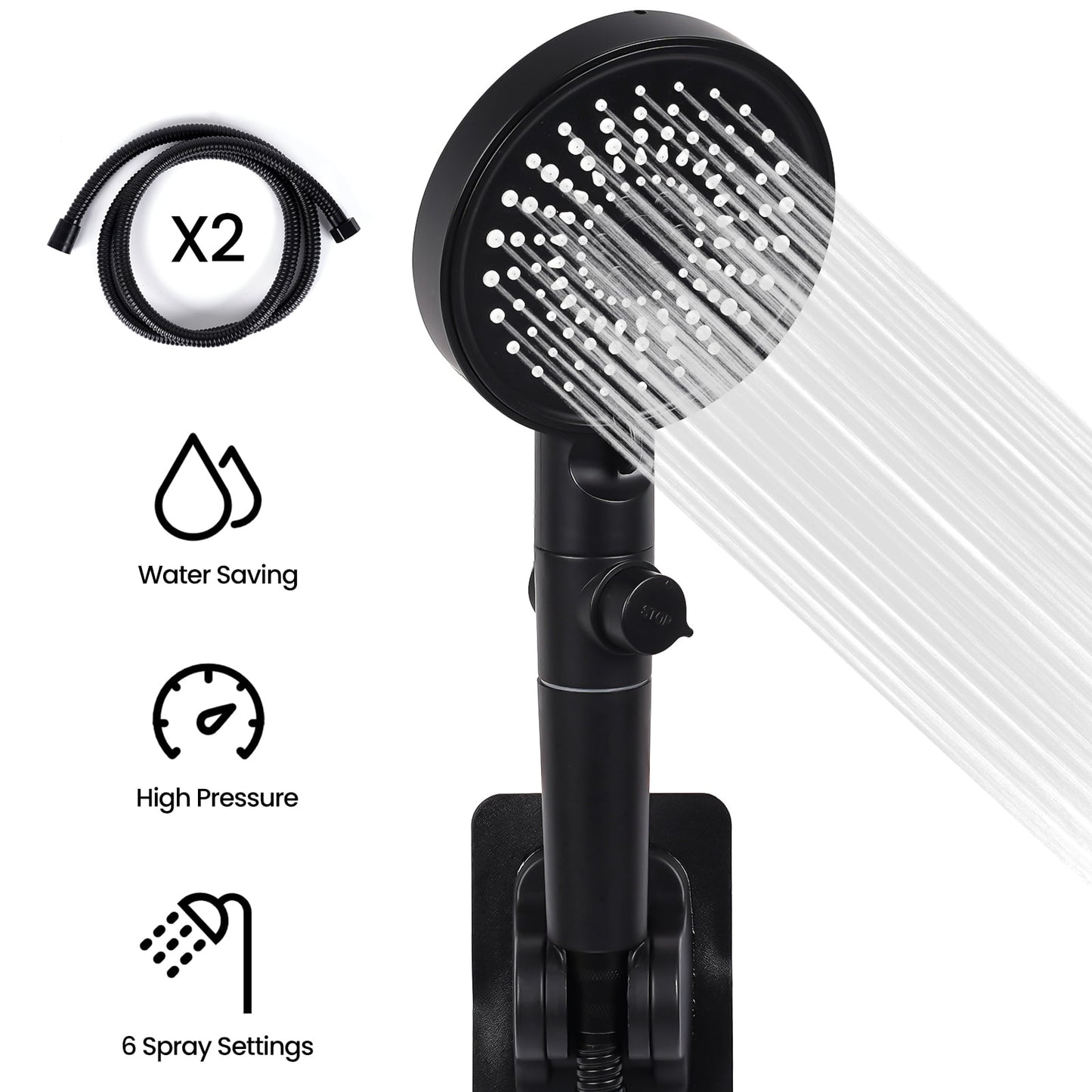 WYRAVIO Handheld Shower Head, High Pressure Shower Head with 6 Spray Settings, 59" Stainless Steel Hose and Adjustable Shower Stand, Shower Head with One Button Switch, Drill-Free Design, Black