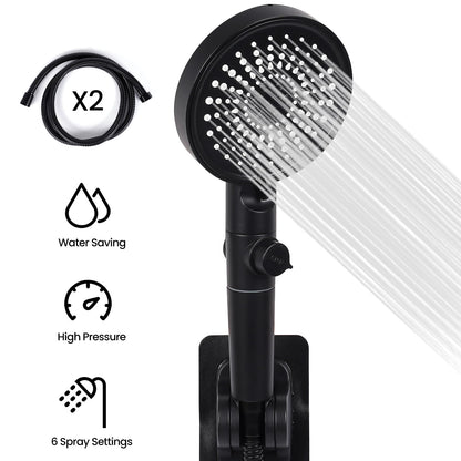 WYRAVIO Handheld Shower Head, High Pressure Shower Head with 6 Spray Settings, 59" Stainless Steel Hose and Adjustable Shower Stand, Shower Head with One Button Switch, Drill-Free Design, Black