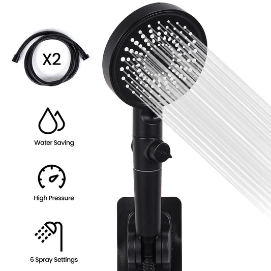 WYRAVIO Handheld Shower Head, High Pressure Shower Head with 6 Spray Settings, 59" Stainless Steel Hose and Adjustable Shower Stand, Shower Head with One Button Switch, Drill-Free Design, Black