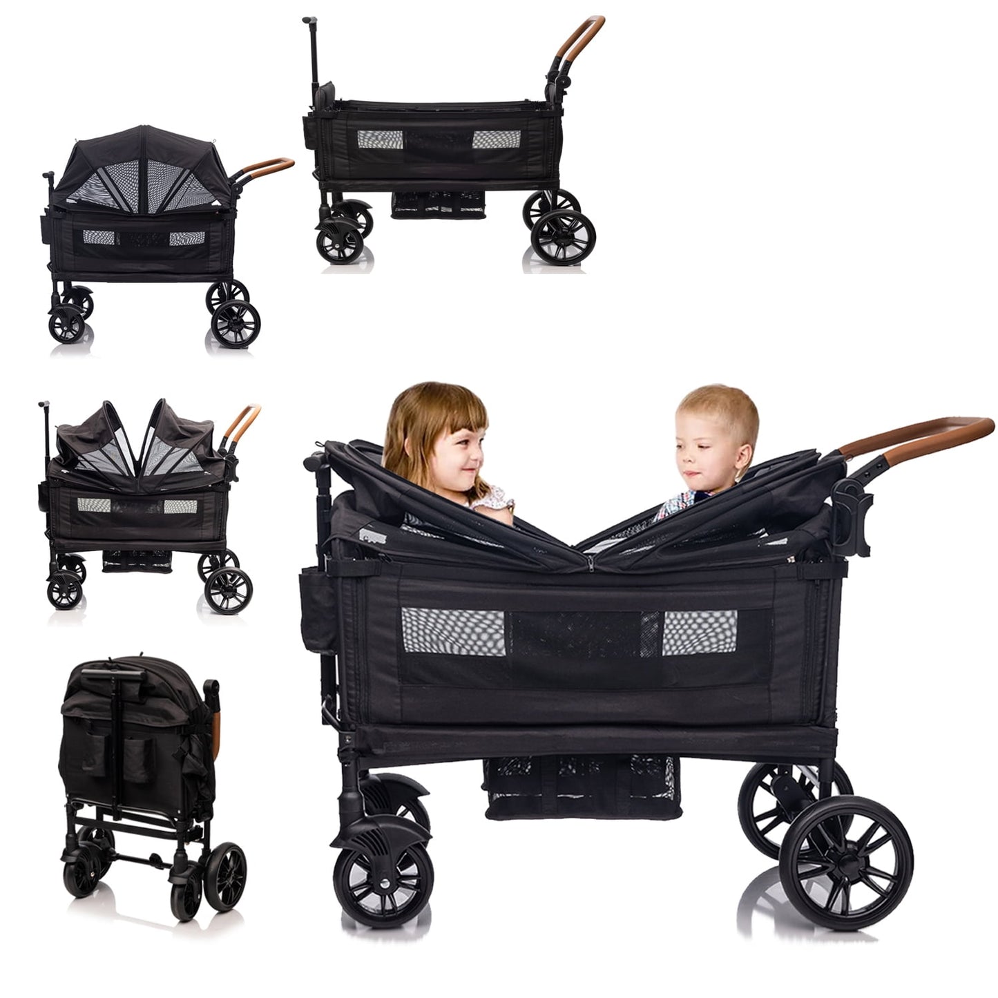 Wagon Stroller for 2 kids & Cargo-Travel Stroller Push-Pull Stroller Lightweight Folding Stroller for Newborn&Toddler with 5-Point Harness,Adjustable Handle Bar and Canopy,Tray Table,Cup Holder