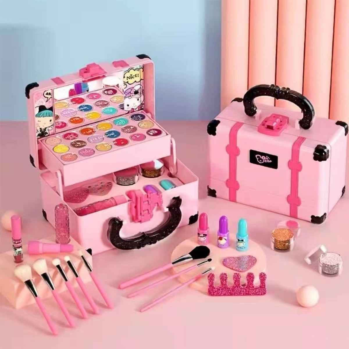 Washable Cosmetic Set Kids Girls Makeup Kit Fold Out play Vanity Makeup Toy Palette Box with Mirror Lipstick for Girls