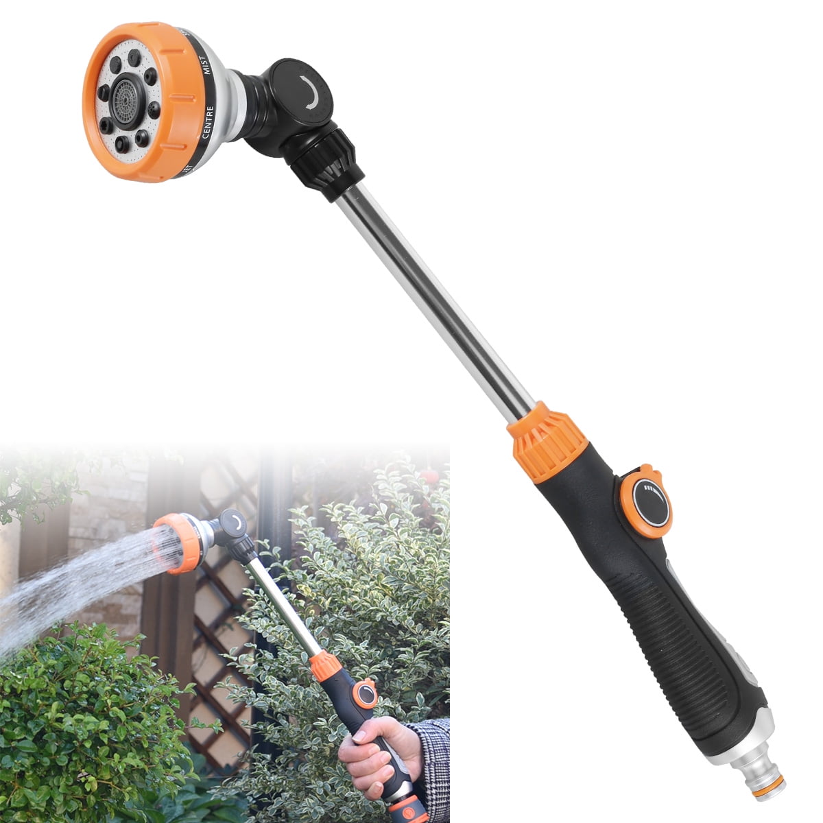 Wekvgz Garden Hose Wand 18 inches, Watering Sprayer Wand with 8 Watering Patterns, 180° Adjustable Swivel Head, 100% Heavy Duty Metal Hose Nozzle, Thumb Control On Off Valve