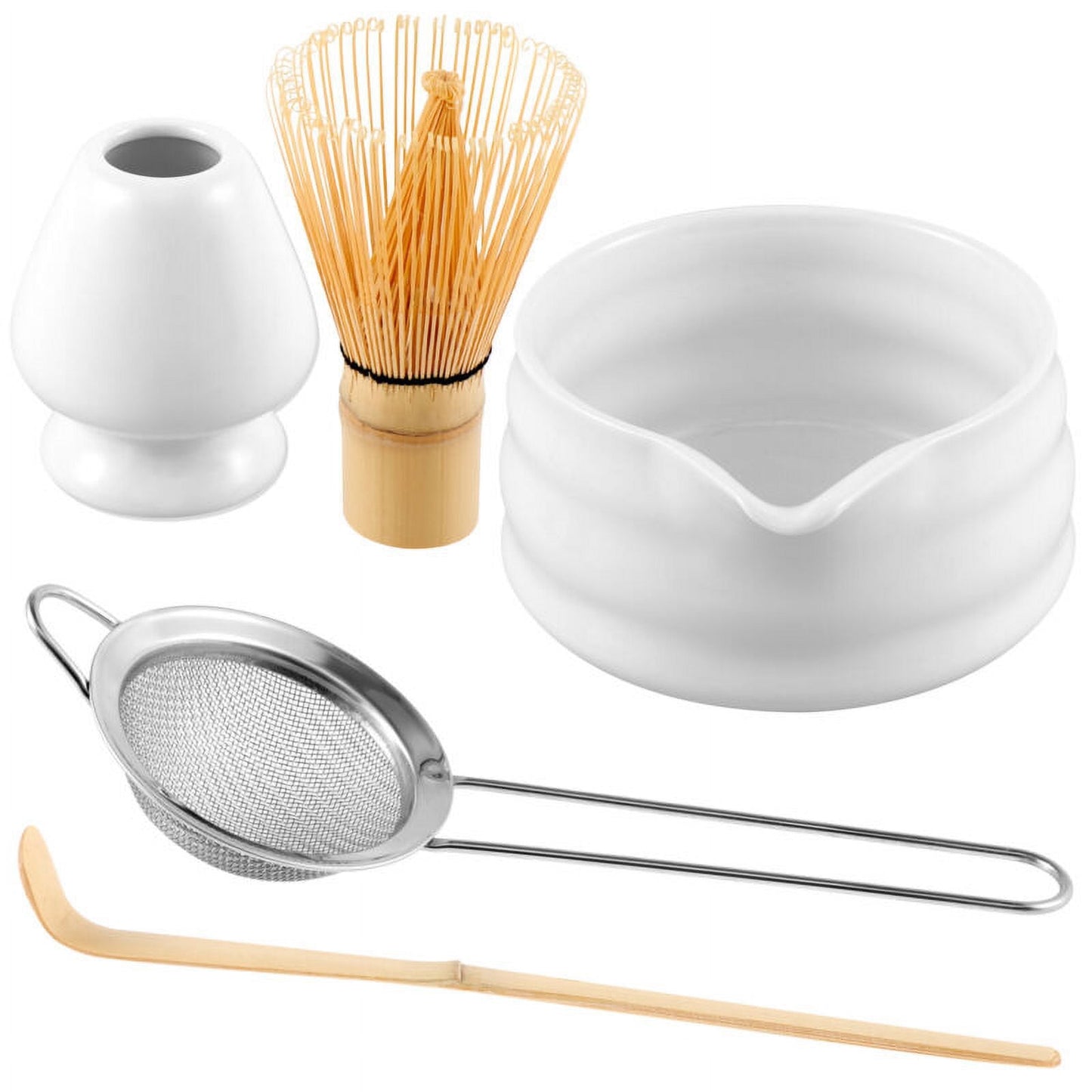 Ihvewuo Matcha Whisk Set Ceramic Matcha Bowl with Pouring Spout Matcha Bamboo Whisk Stainless Sifter Ceramic Whisk Holder Bamboo Scoop Exquisite Matcha Kit for Matcha Tea Culture (5pcs)