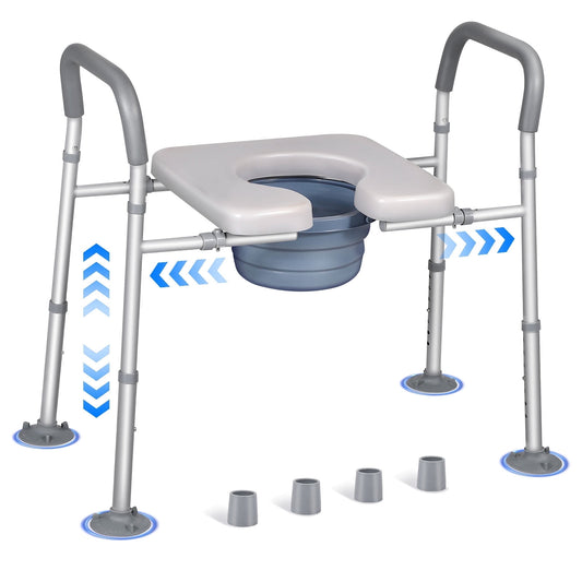 Width & Height Adjustable Raised Toilet Seat with Handles for Elderly, Toilet Seat Risers for Seniors, Toilet Riser with Handles, Elevated Toilet Seat with Handles (with Bucket)