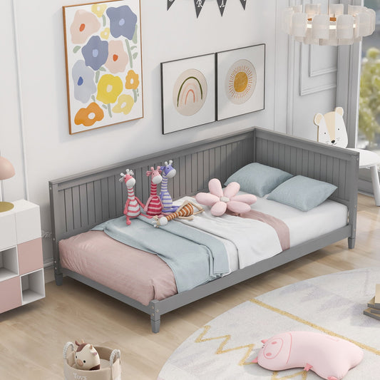 Wood Twin Size House Bed,Platform Floor Bed Sofa Bed with Safety Guardrail and Slats Support,Playhouse Daybed Frame for Kids Teens Bedroom, No Box Spring Needed,Gray