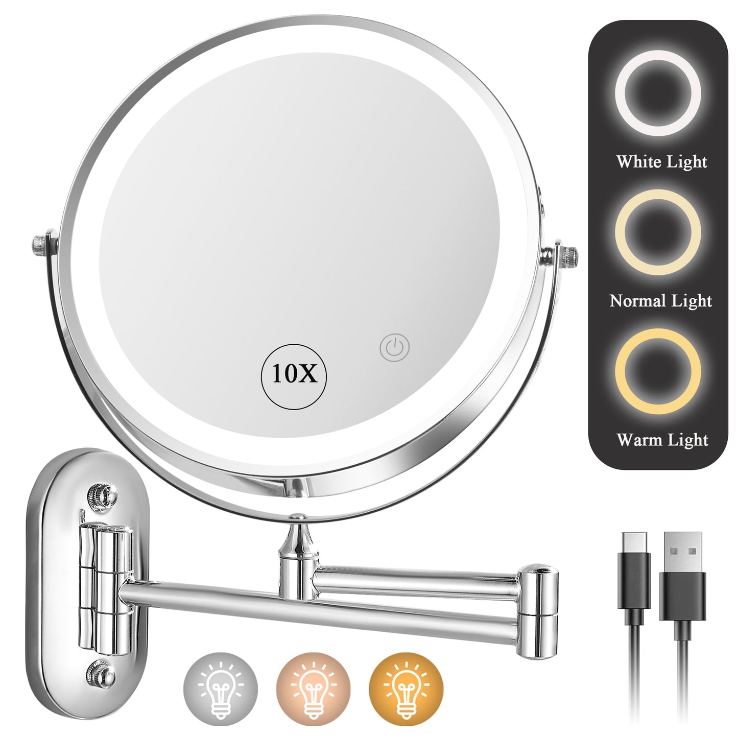 ZIMFANQI Bathroom Vanity Mirror with Lights, 8" Double Sided 1X/10X Magnifying, 3 Colors Brightness Adjustable Makeup Mirror, 360°Rotation Extendable Wall Mounted Lighted Makeup Mirror(Chrome)