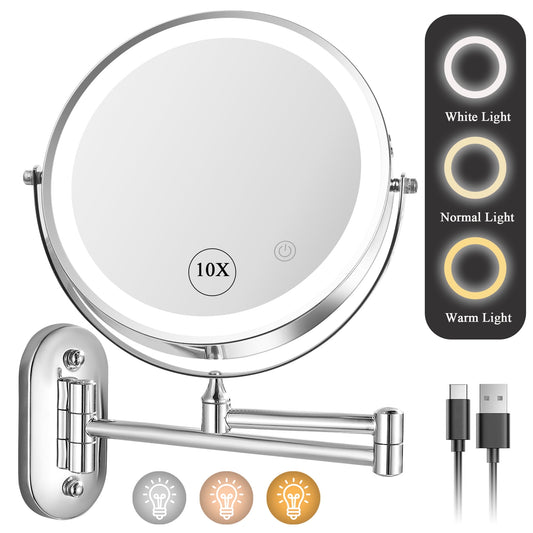 ZIMFANQI Bathroom Vanity Mirror with Lights, 8" Double Sided 1X/10X Magnifying, 3 Colors Brightness Adjustable Makeup Mirror, 360°Rotation Extendable Wall Mounted Lighted Makeup Mirror(Chrome)