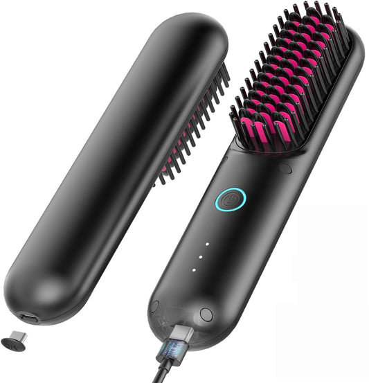 ZIMFANQI Portable Mini Cordless Hair Straightener Brush, straightening brush with Blue Light Kills Germs. 4 Temperature Anti-Scald Hair Styling Tools, Fast 20s Heating Tech & 20-Minute Auto