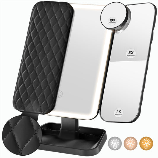 ZIMFANQI Vanity Mirror with 3 Color Lights, Trifold Makeup Mirrors with 72 LED Lights, 2X/3X/10X Magnification, Touch Screen & USB Charging, Portable Travel Lighted Makeup Mirror (Black)