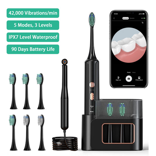 ZIMFANQI Visual Electric Toothbrush for Adults and Kids with 1080P Oral Scope，Rechargeable Sonic Toothbrush with 6 Brush Heads and Toothbrush Holder, 3 Dynamics&5 Modes, 2-Minute Smart Timer Reminder