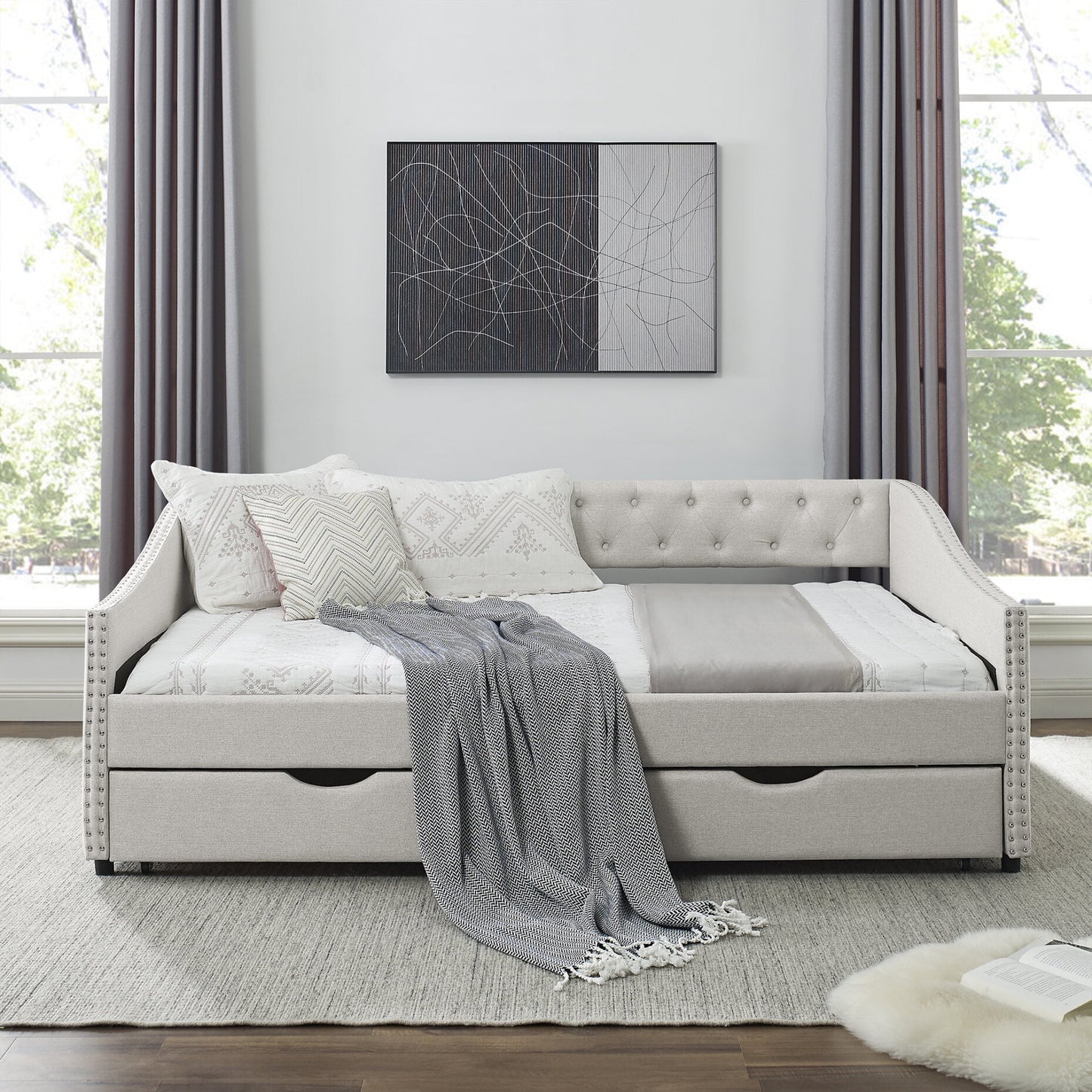Full Size Upholstered Daybed Frame with Storage Drawers, Linen Sofa Bed with Reinforced Frame, Multifunctional Floor Bed with Tufted Backrest and Armrest for Living Room, Bedroom, Beige