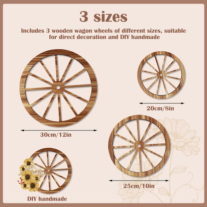 FUYGRCJ 3PCS 12/10/8inch Wooden Wagon Wheel Wall Decor with Triangular Hook, Wood Wagon Wheel Wall Art, Vintage Old Western Style Wall Hanging Wood Wagon Wheel for Bar, Garage, Patio Yard