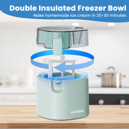VAVSEA 1.6 Qt Ice Cream Maker with Scoop, 2-in-1 Electric Ice Cream Machine with LED Screen & Timer, Double-Insulated Freezer Bowl for Gelato, Frozen Yogurt, Sorbet, Mint Green