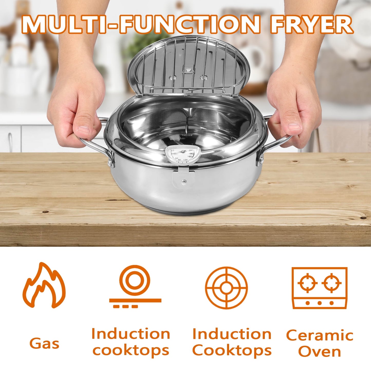 Jetcloudlive Deep Fryer Pot,Japanese Tempura Small Deep Fryer Stainless Steel Frying Pot With Thermometer,Lid And Oil Drip Drainer Rack for French Fries Shrimp Chicken Wings and Shrimp