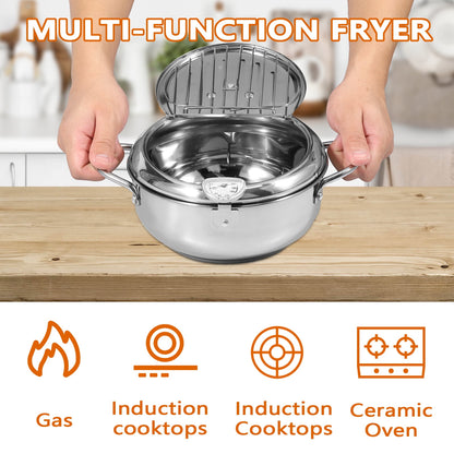 Jetcloudlive Deep Fryer Pot,Japanese Tempura Small Deep Fryer Stainless Steel Frying Pot With Thermometer,Lid And Oil Drip Drainer Rack for French Fries Shrimp Chicken Wings and Shrimp