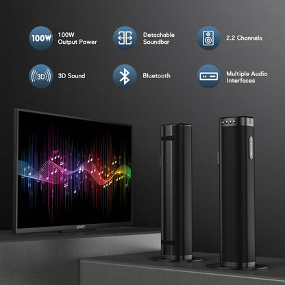 TOPVISION 2.2ch Soundbar with Subwoofer, 100W Home Theater System, 4 Drivers & 3 EQ Mode, 2 in 1 Detachable Design Sound Bar for TV, Wired/Wireless Connectivity HDMI-ARC/Optical/USB/AUX, SD03