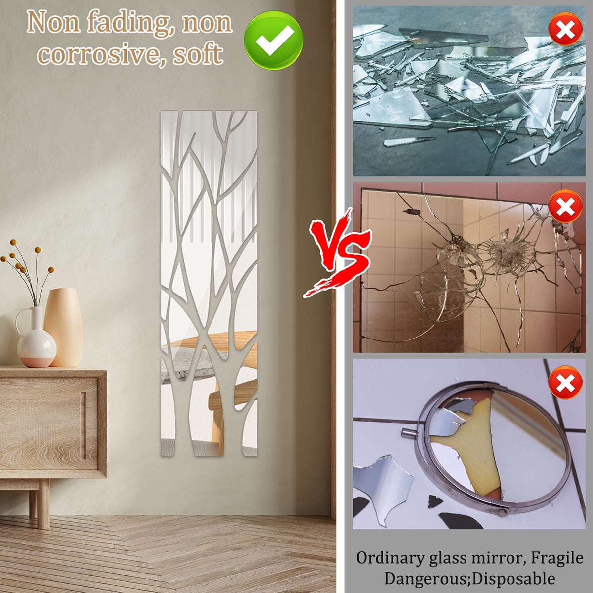 Tree Branches 3D Mirror Wall Sticker Self Adhesive Removable with Branches Mirror Sticker Eco-friendly Wall Decals Acrylic Mirror Art Mural Decal for Home Decor 39.4x11inch