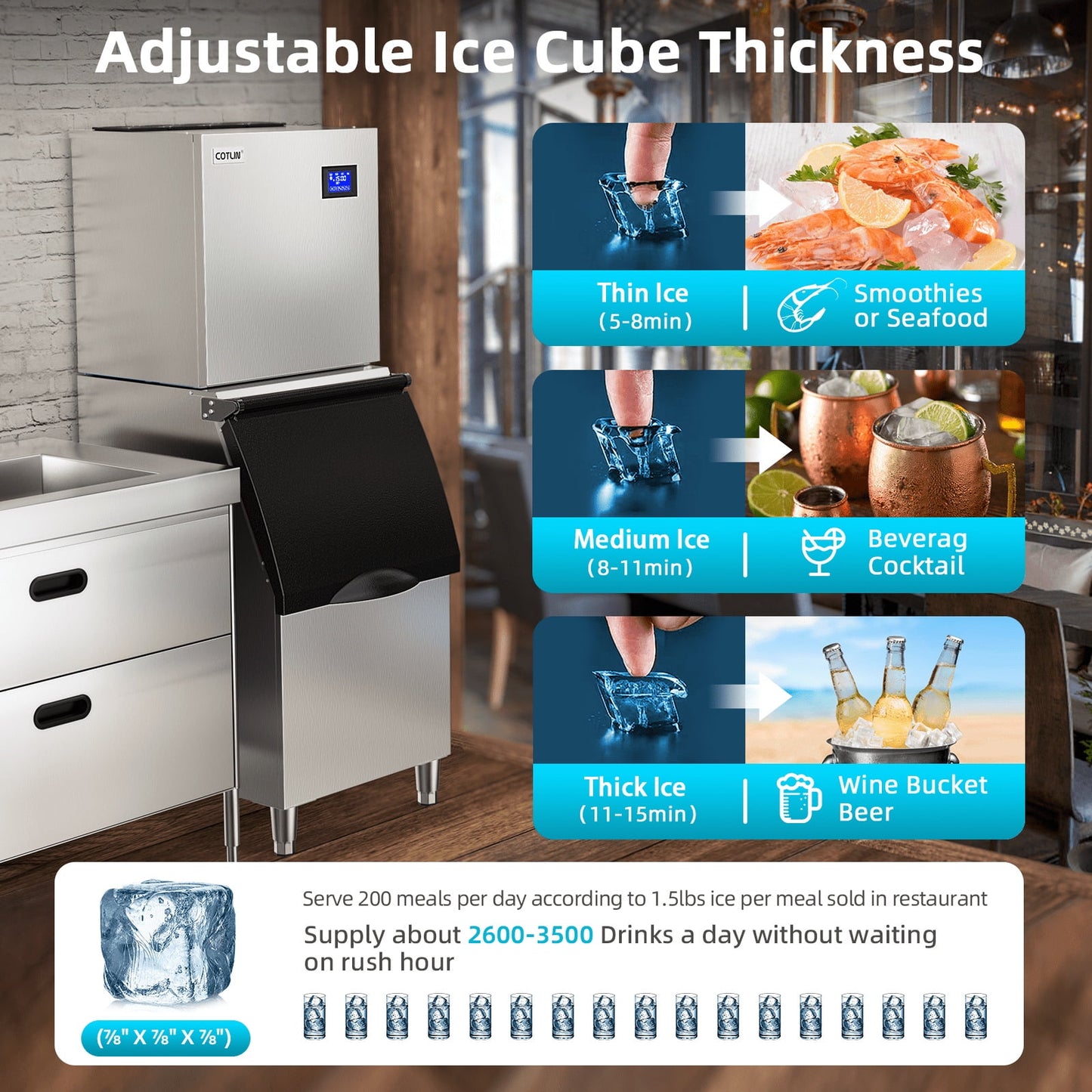 COTLIN 22" 300LBS/24H Adjustable Ice Cube Thickness Air Cooled Stainless Steel Commercial Ice Maker T50A