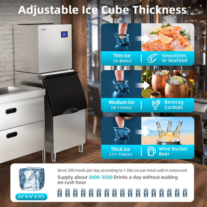 COTLIN 22" 300LBS/24H Adjustable Ice Cube Thickness Air Cooled Stainless Steel Commercial Ice Maker T50A