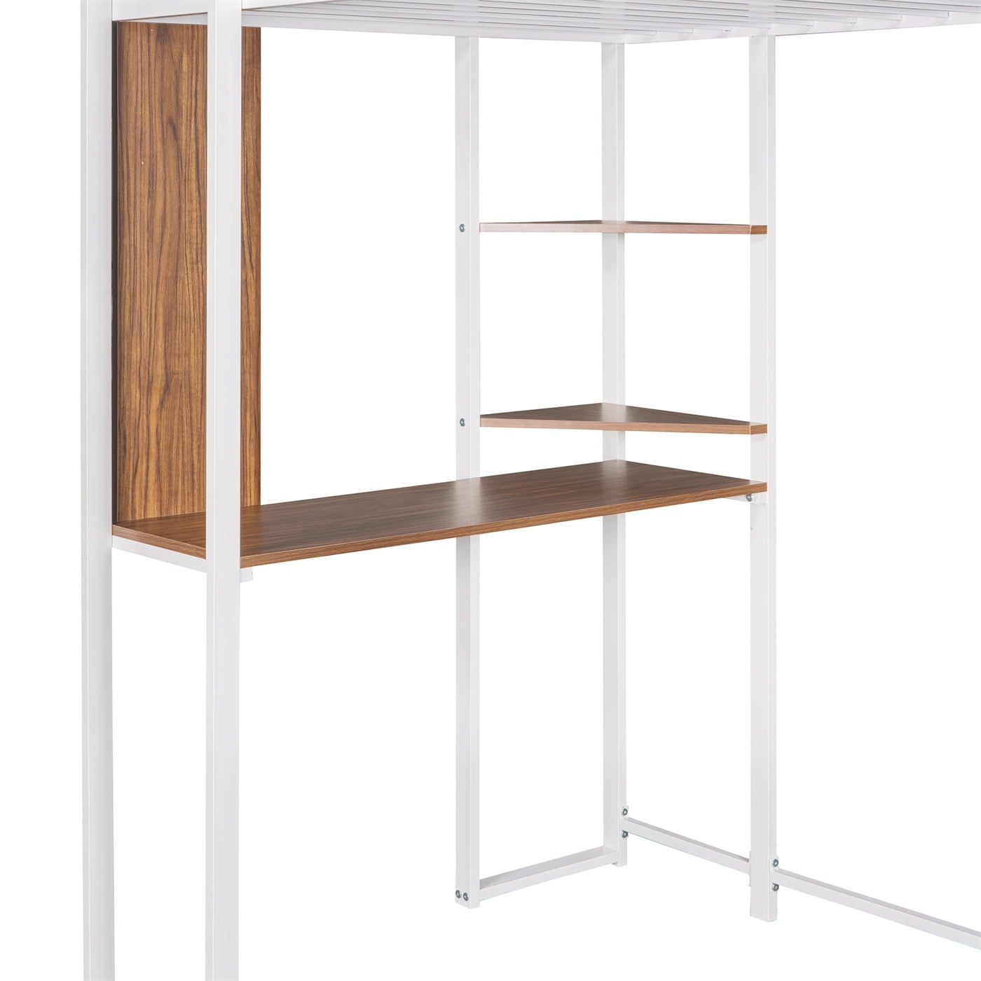 Twin Size Loft Bed, Metal Loft Bed with 2 Shelves and 1 Desk for Kids Teens Adults, Space-Saving Loft Bed Frame with 2 Built-in Ladders and Full-Length Guardrails, No Box Spring Needed, White