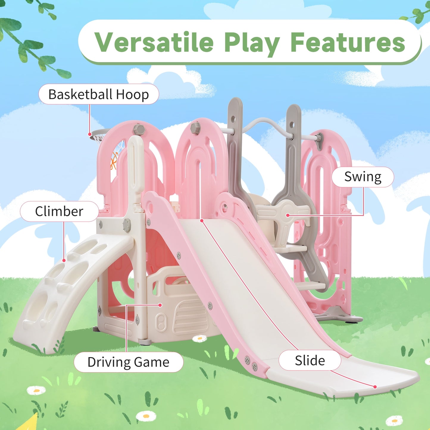 5 in 1 Toddler Slide and Swing Set, Kids Playground Climber Slide Playset with Basketball Hoop Freestanding Combination, Indoor & Outdoor Toys for Babies Kids Teens, Pink