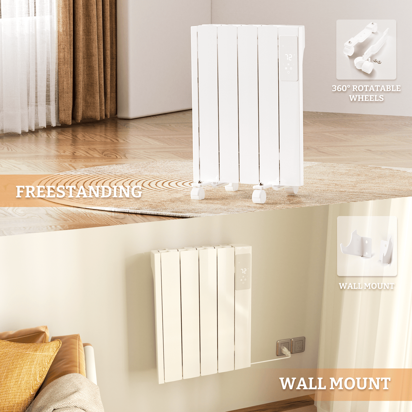 BREEZEHEAT 800W Panel Heater - Electric Wall/Freestanding Aluminium Radiator/LED Display, Adjustable Thermostat, Timer & Safety Protection for Indoor Use in Living Room/Bedroom/Bathroom