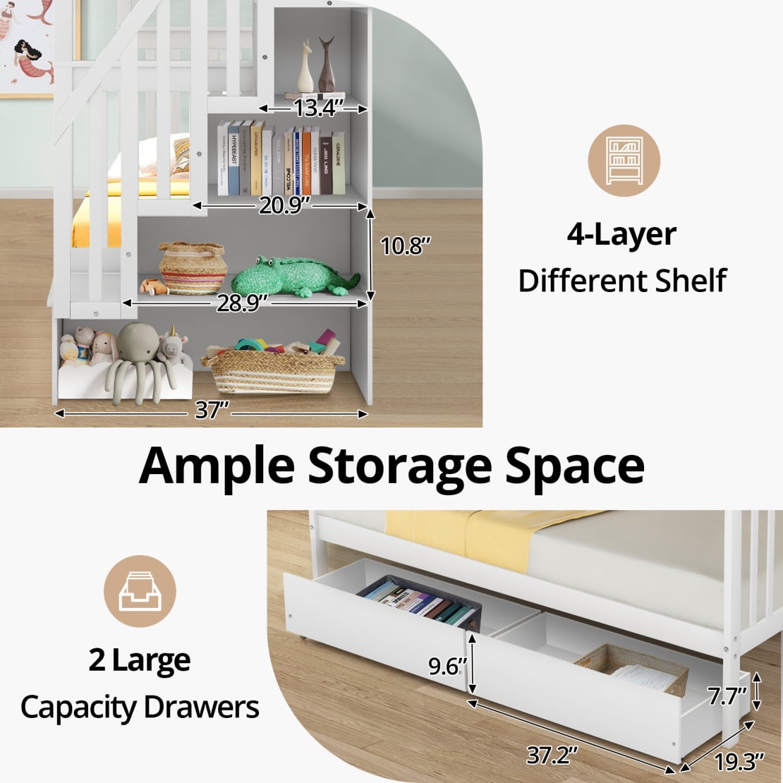 Twin over Twin Bunk Bed with 2 Drawers and Staircases, Wood Bunk Bed Frame with Safety Rails for Kids Teens Adults, Bunk Bed Frame Convertible into 2 Beds, White