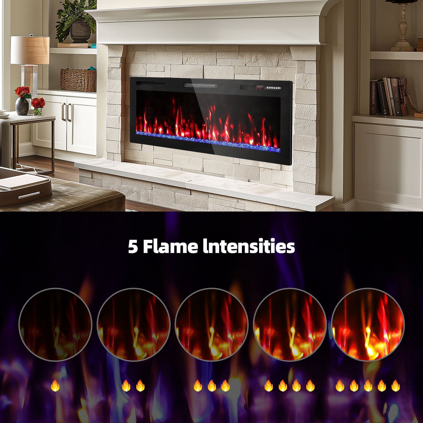 BREEZEHEAT 50 inch Electric Fireplace in-Wall Recessed and Wall Mounted Fireplace Heater,Linear Fireplace with Multicolor Flame,Timer,Low Noise,750/1500W,Remote Control