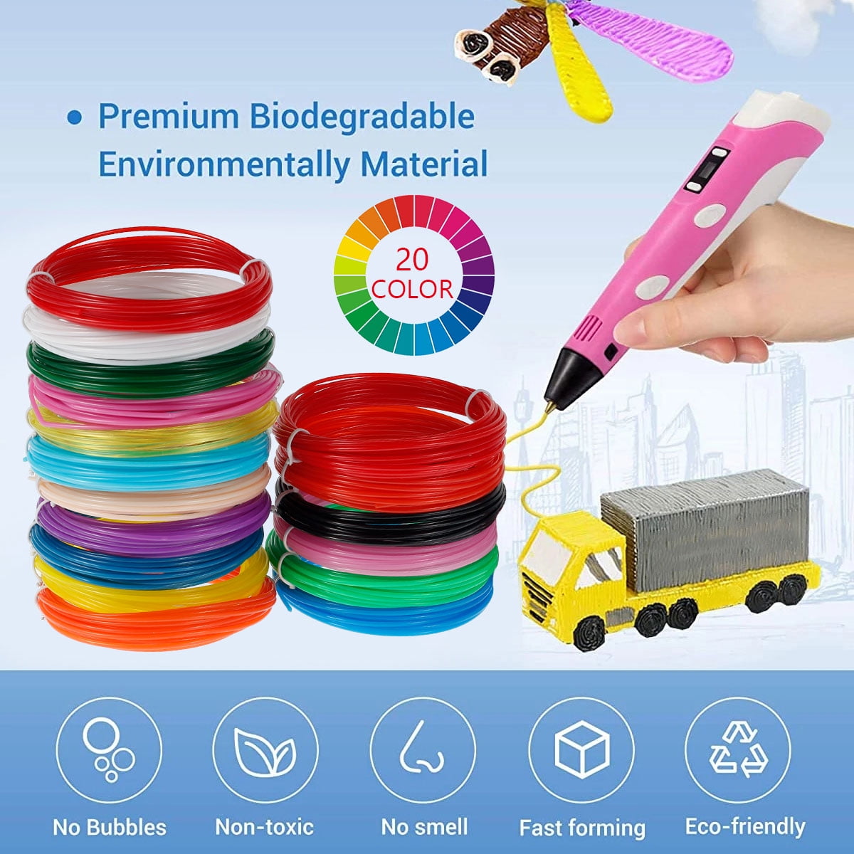 Toorise 3D Pen Filament Refills 16.4ft 20 Colors 3D Pen Filament PLA Refills 1.75mm Filament 3D Printing Pen PLA Filament Dimensional Accuracy +/- 0.05mm Gifts for Kids Drawing Art