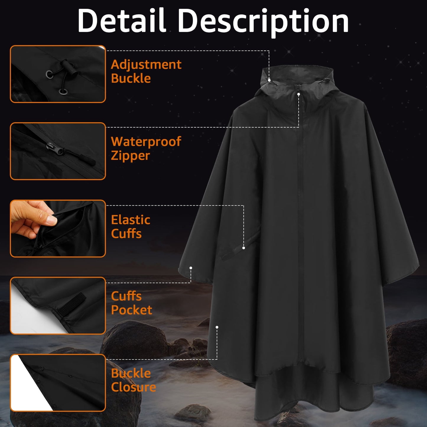 Qenwkxz Waterproof Rain Poncho Jacket with Zipper, Rain Poncho with Storage Bag, Lightweight Rain Coat, Hooded Raincoat Poncho for Men Women Adults Outdoor Camping Travel