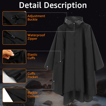 Qenwkxz Waterproof Rain Poncho Jacket with Zipper, Rain Poncho with Storage Bag, Lightweight Rain Coat, Hooded Raincoat Poncho for Men Women Adults Outdoor Camping Travel