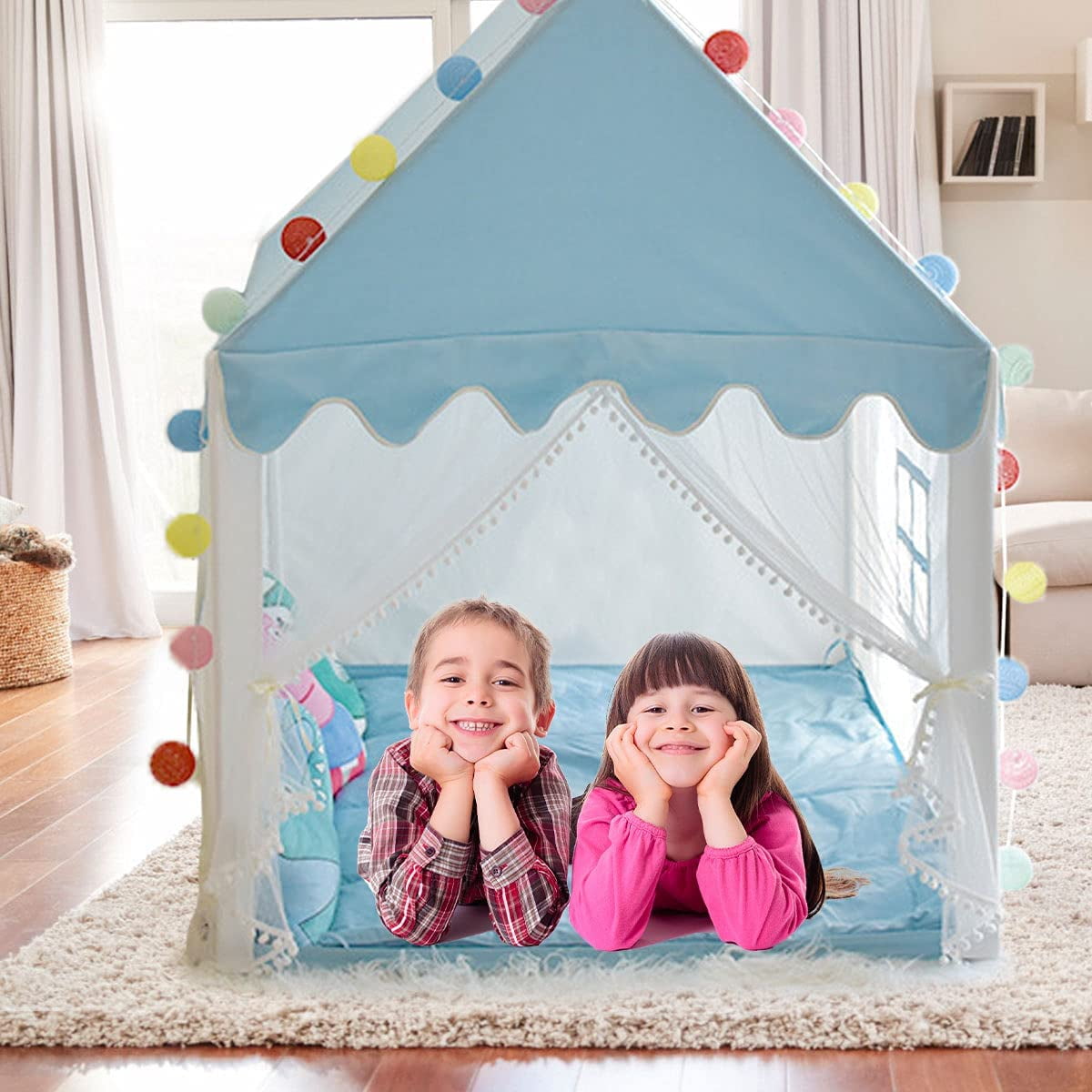 Tcwhniev Princess Castle Tent for Girls Fairy Play Tents for Kids Blue Playhouse with Fairy Star Lights Toys for Children or Toddlers Indoor or Outdoor Games 51.2 x 39.4 x 47.2 Inch