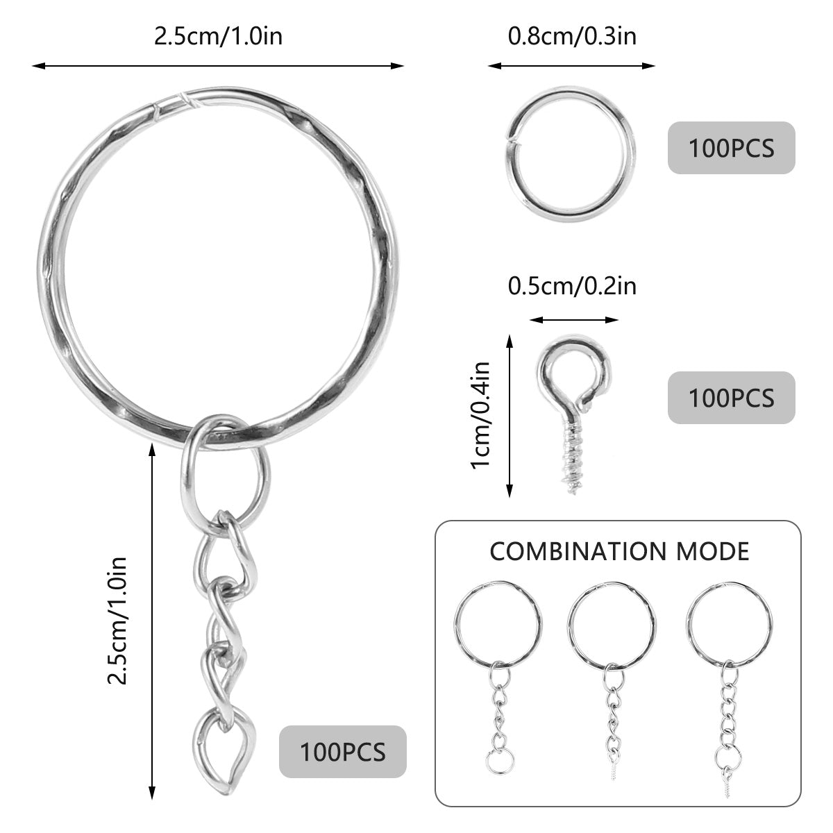 100Pcs Keychain Rings Split Key Ring with Chain for Resin 25mm Silver Key Chain Rings with 100Pcs Jump Rings & 100Pcs Screw Eye Pins Metal Split Keychain Ring for Organizing Keys Jewelry Making Crafts