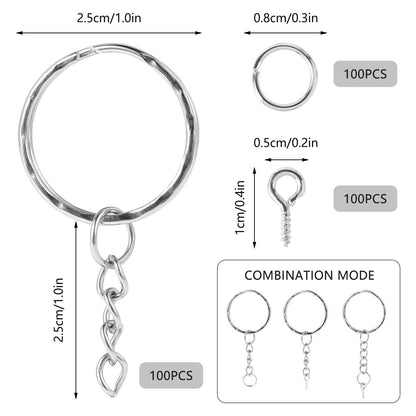 100Pcs Keychain Rings Split Key Ring with Chain for Resin 25mm Silver Key Chain Rings with 100Pcs Jump Rings & 100Pcs Screw Eye Pins Metal Split Keychain Ring for Organizing Keys Jewelry Making Crafts