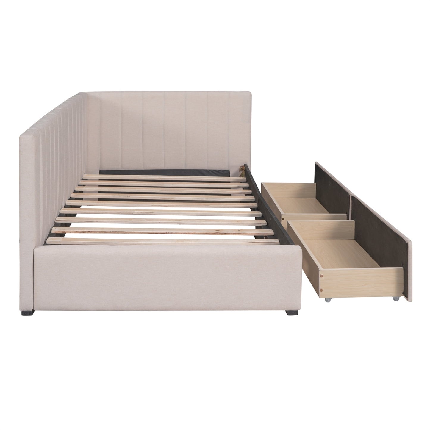 Upholstered Daybed with 2 Storage Drawers, Twin Size Sofa Bed Frame with 10 Wood Slats Support, Solid Wood Platform Bed Frame for Bedroom Living Room, No Box Spring Needed, Linen Fabric (Beige)