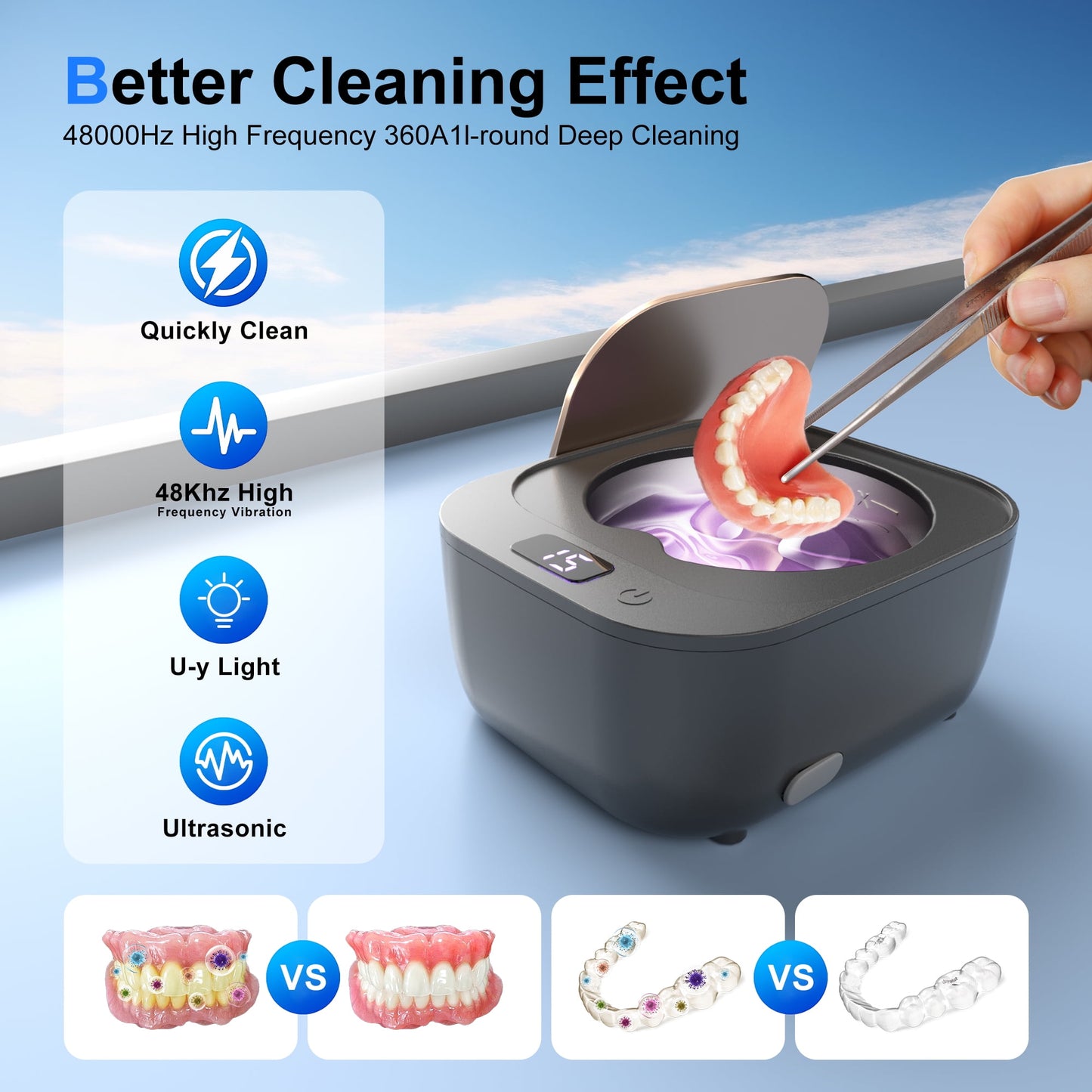 FVLOENG Retainer Cleaner Ultrasonic Cleaning Machine for Dentures Mouth Guard Dental Appliances Cleaning Silver Jewelry Aligner Cleaner, Braces Professional Portable 48kHz (Grey)