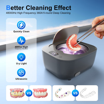 FVLOENG Retainer Cleaner Ultrasonic Cleaning Machine for Dentures Mouth Guard Dental Appliances Cleaning Silver Jewelry Aligner Cleaner, Braces Professional Portable 48kHz (Grey)