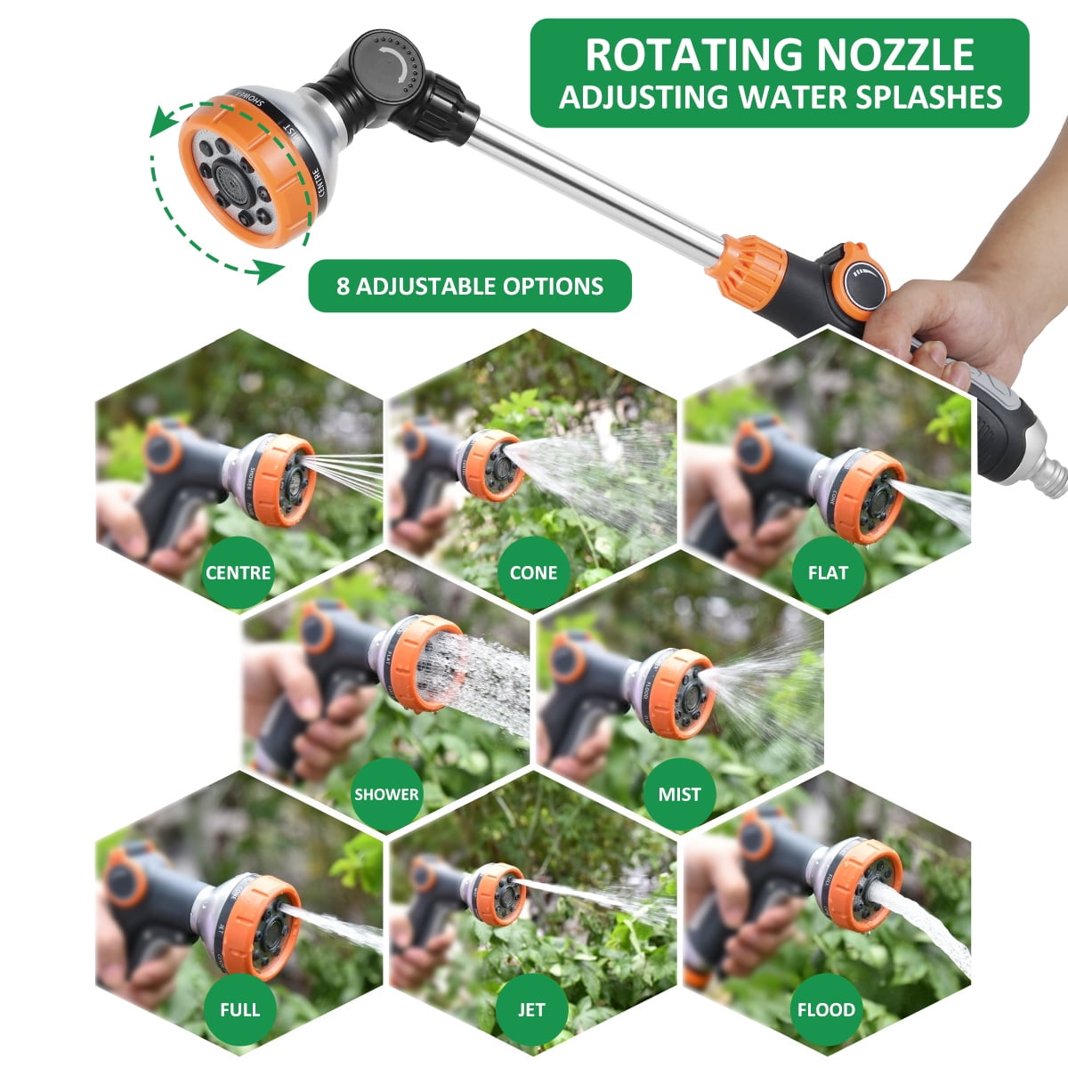 Wekvgz Garden Hose Wand 18 inches, Watering Sprayer Wand with 8 Watering Patterns, 180° Adjustable Swivel Head, 100% Heavy Duty Metal Hose Nozzle, Thumb Control On Off Valve