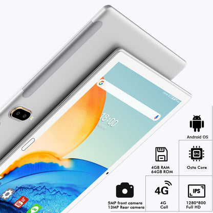 Android 11 Tablet 10.1 inch, 64 gb 4G LTE Tablet, 4GB RAM, Octa-core Wifi Cellular Tablet with Case Keyboard Silver