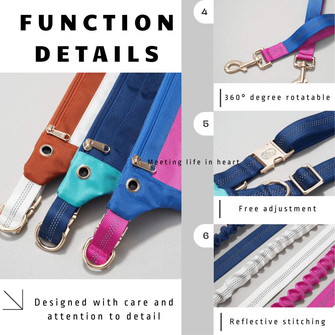 WOONONO Color-Blocking Hands Free Dog Leash with Pouch Fanny Pack and Leash Combo for Walking Dogs