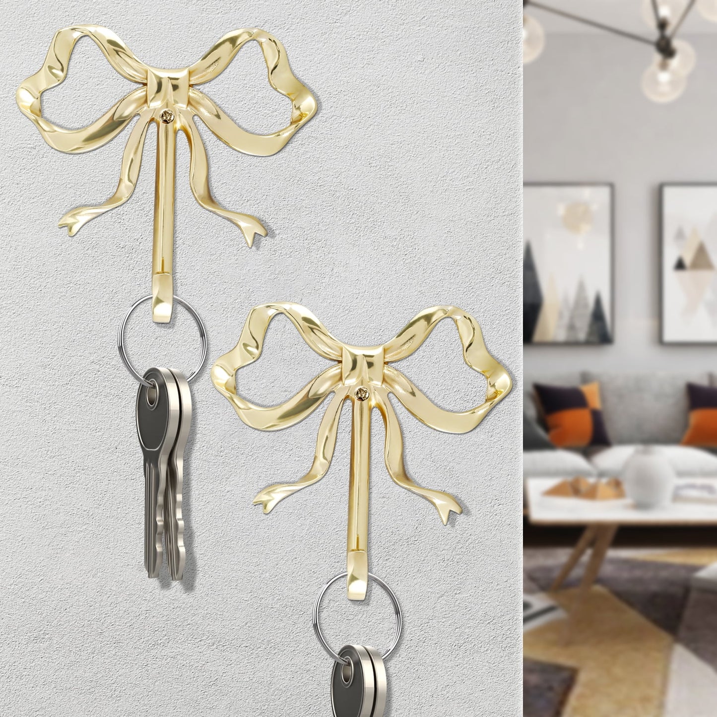 FUYGRCJ 2 Pcs Bow Hook Bowknot Wall Hook Brass Bow Wall Hook Wall Mounted Golden Key Hook Decorative Hanging Metal Hook 9.2x9x2cm Large Single Hook for Hat Towel Home Bedroom