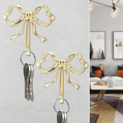 FUYGRCJ 2 Pcs Bow Hook Bowknot Wall Hook Brass Bow Wall Hook Wall Mounted Golden Key Hook Decorative Hanging Metal Hook 9.2x9x2cm Large Single Hook for Hat Towel Home Bedroom