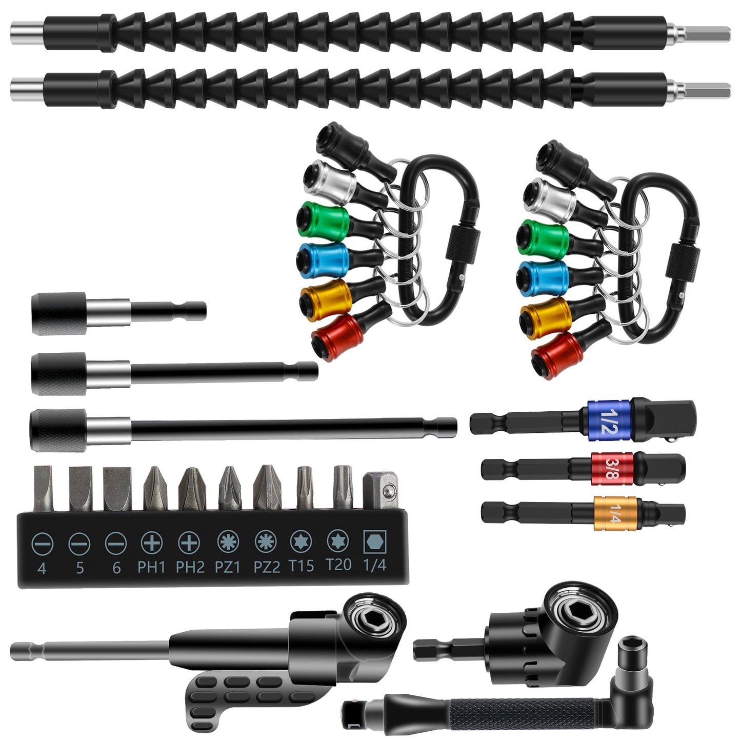 FUYGRCJ 33Pcs 1/4 Inch Hex Shank Screwdriver Bit Holder Metal Bit Holder Keychain Flexible Drill Bit Extension Kit with 105° Right Angle Drill Extension 1/4inch 3/8inch 1/2inch Socket Adapter