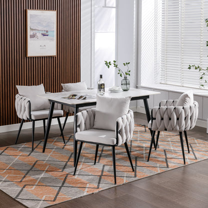 Velvet Dining Chairs Set of 2, Modern Hand Weaving Dining Room Kitchen Chair with Armrest and Back, Upholstered Comfy Living Room Accent Side Chairs for Bedroom, Vanity, Small Space, Ivory