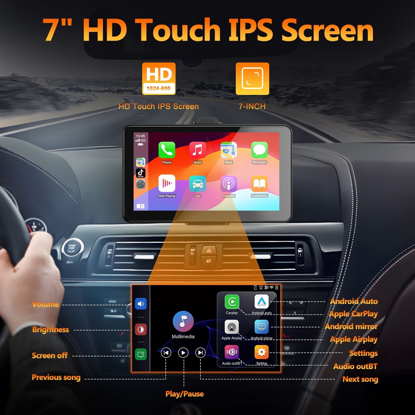 HOMPOW Apple Carplay 7" HD Portable Wireless Apple Carplay & Android Auto,Backup Camera,Automatic Multimedia Player,Car Stereo with Bluetooth Hands-Free/Mirror Link/Navigation/AUX for All Vehicles